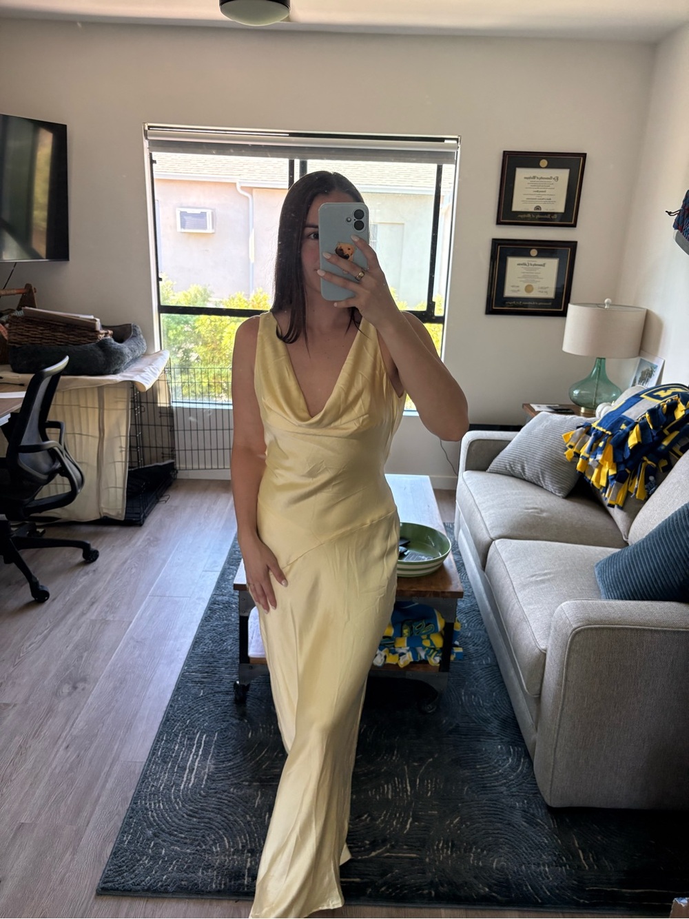 Hello Molly Satin Pale Yellow Cowl Neck Maxi Dress